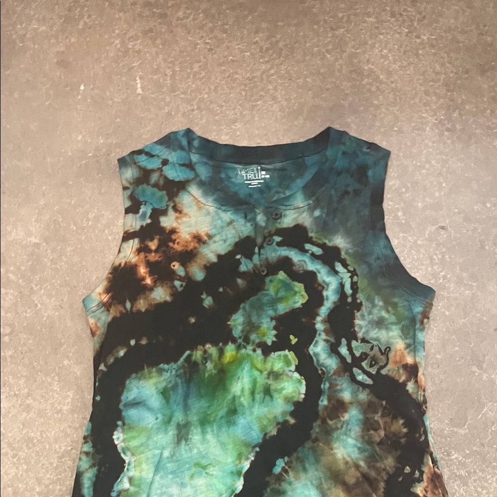 Hand dyed.  Tie-Dye Sleeveless Dress in Teal and Black - Picture 2 of 3